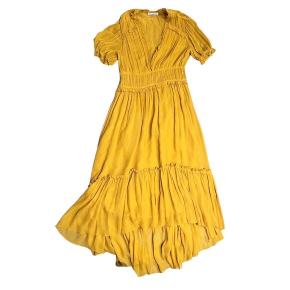 Ulla Johnson Sonja Silk Midi Dress | Size 0 | Yellow Ruffle Hem Boho Chic - Picture 3 of 16